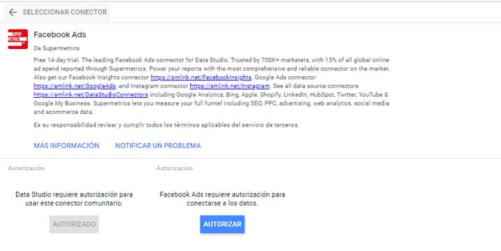 conexion supermetrics con plantilla data studio facebook ads